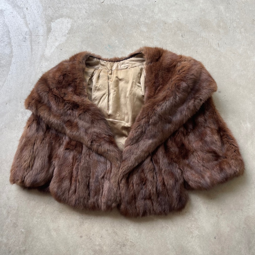 Vintage Handmade Brown Faux Fur Stole Shawl Wrap Wide Collar Jean Label